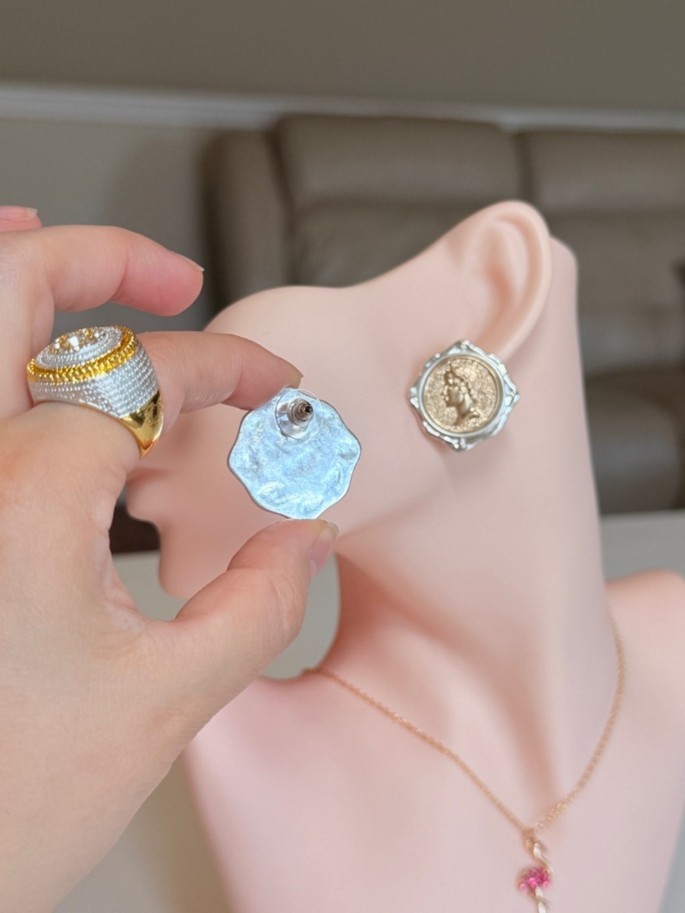 Gold and Silver Coin Medallion Earrings - Picture 7 of 10